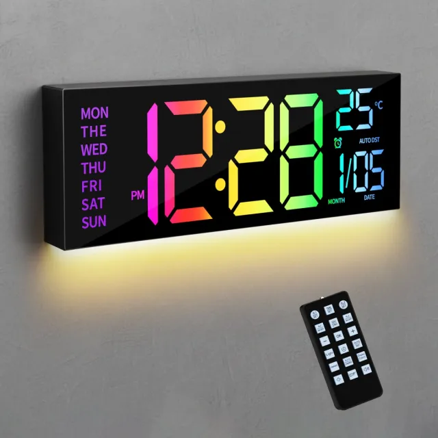 MrGoods Digitale Klok - Wandklok - LED Scherm - 7 Kleuren - 16 Inch Grote Digitale Klok met Temperatuur - Datum Automatische Zomertijd Nachtlampje - Automatische Helderheid Dimmer - Wandklok voor Woonkamer Garage Zwart