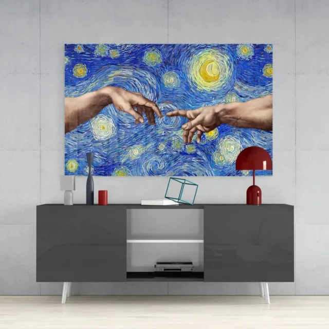 Insigne Glasschilderij - Hand Van God en Adam - Van Gogh-stijl - 110x70 cm - 4 mm Blauw