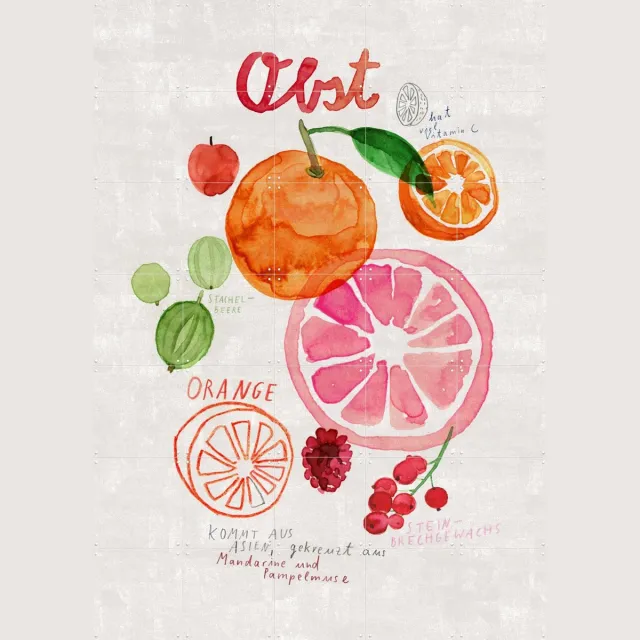 IXXI Obst, Signorinah - 100 x 140 cm - Grote wanddecoratie en posters - Aquarel, Speels, Illustraties, Kleurrijk, Eetkamer, Keuken, Stilleven, Zomer Oranje / Lichte tinten