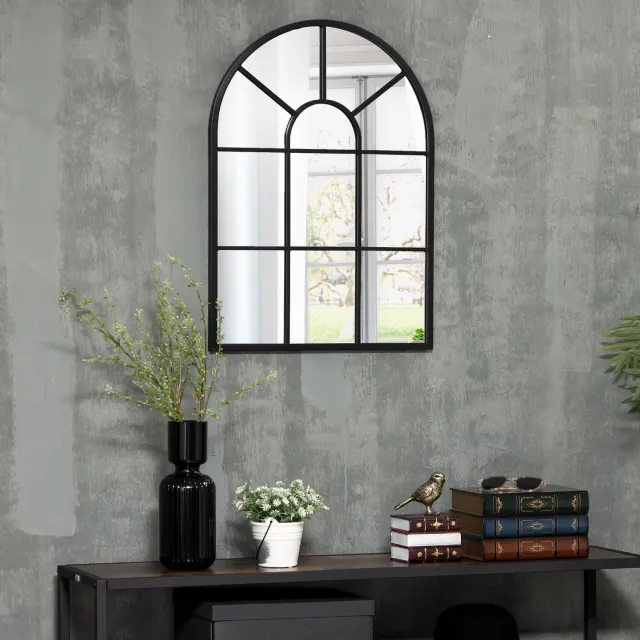 HAUSS SPOLE Wandspiegel Venstervorm – 70 x 50 cm – Metalen Lijst – Zwart – Boogvormige Bovenkant – voor Woonkamer, Slaapkamer en Hal – met Ophanghaken