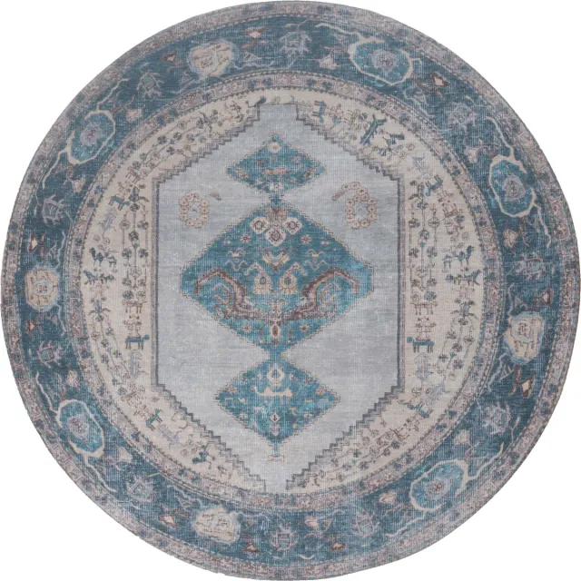 Veer Carpets Vloerkleed Karaca Blue 03 Rond ø160 cm - Laagpolig Vloerkleed – Vintage / Klassiek Design Blauw