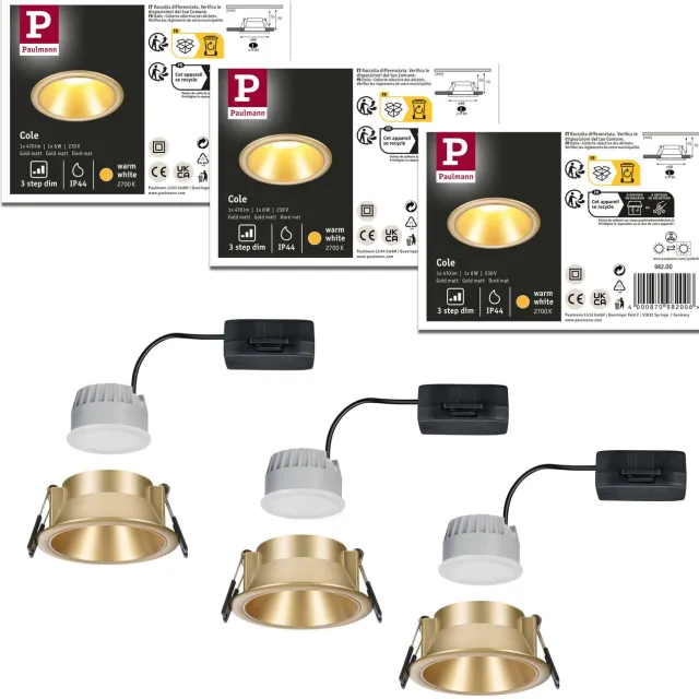 Paulmann Set LED-inbouwlamp Cole IP44 88 mm 2700K 3x6W 3x470lm 230V Goud mat Kunststof, Alu zink