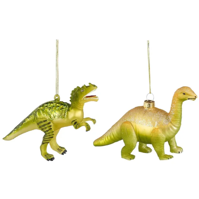 Mica Decorations kerstornament dinosaurus - glas (2 stuks) Geel, groen