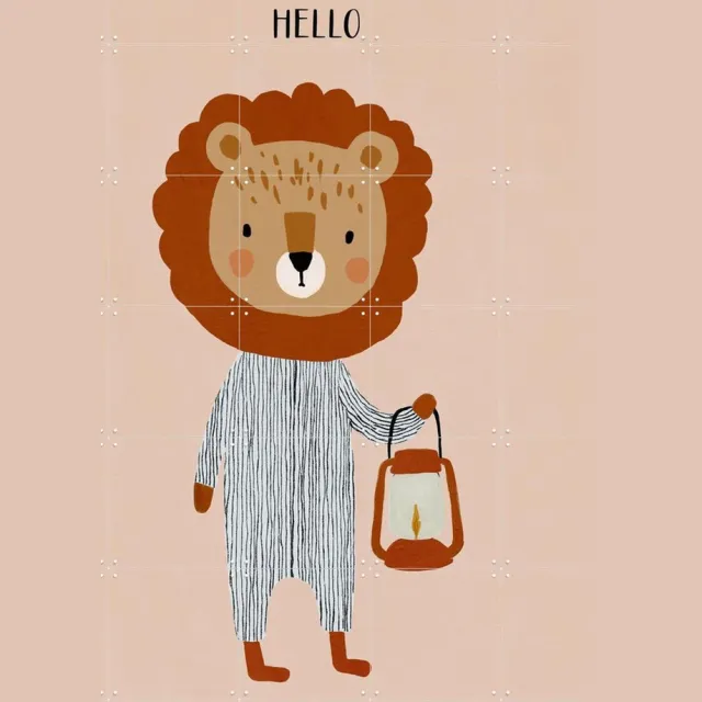 IXXI Hello Lion, Treechild & Various - 100 x 140 cm - Grote wanddecoratie en posters - Modern, Kleurrijk, Speels, Cartoonesk, Illustraties Beige / Bruin