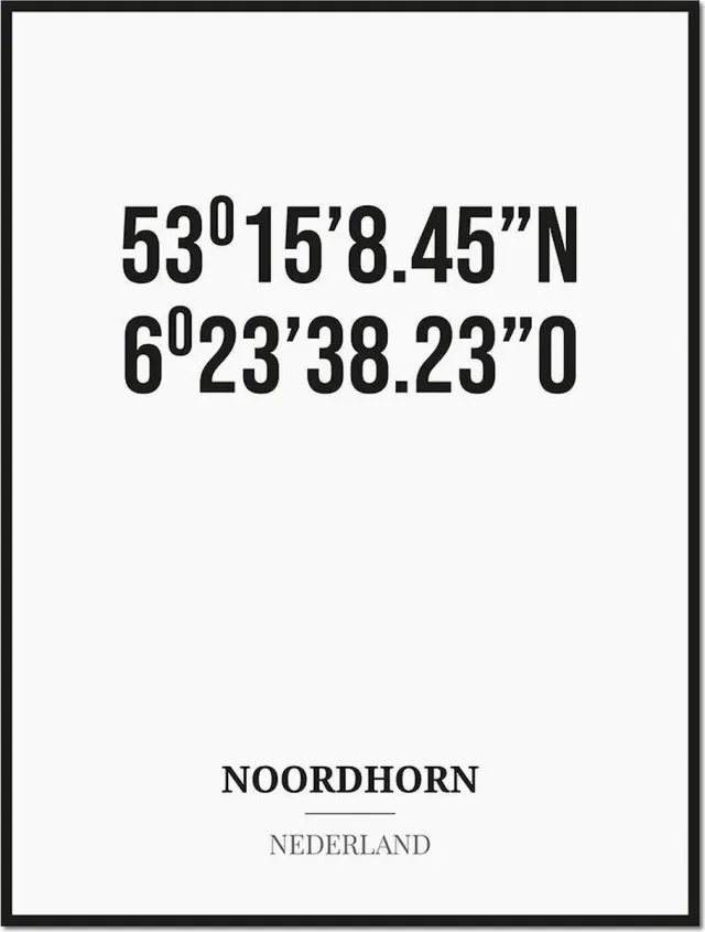 Studio216 Poster/kaart NOORDHORN met coördinaten zwart, wit