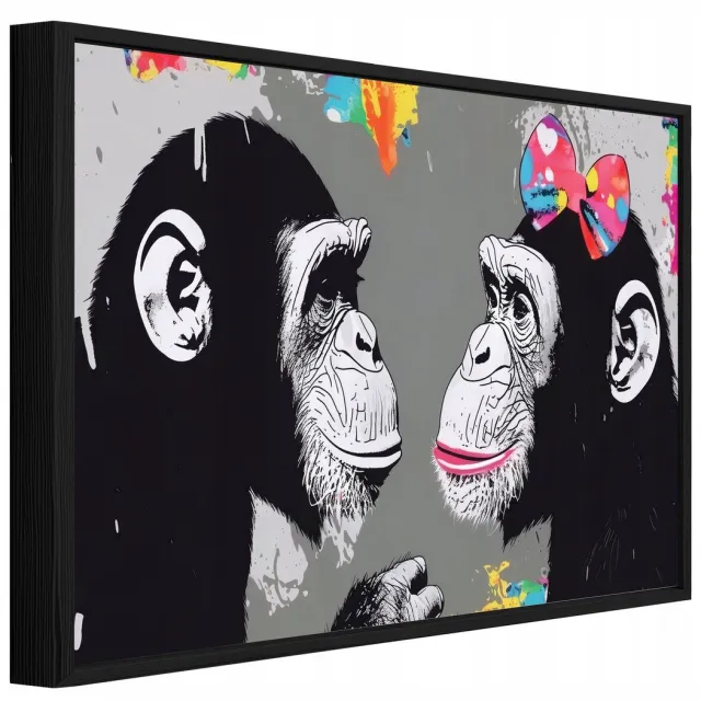WALLARENA Schilderij op canvas in zwarte lijst - 40x30 cm - streetart apen in graffiti stijl - stoere wanddecoratie voor woonkamer en slaapkamer Veelkleurig