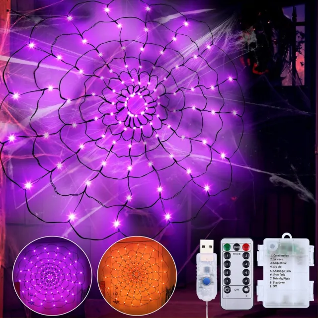 Rosnek Halloween Spinnenweb Verlichting - 70 LED - 8 Lichtmodi - Afstandsbediening en Timer - Dimbaar - Oranje - Batterij