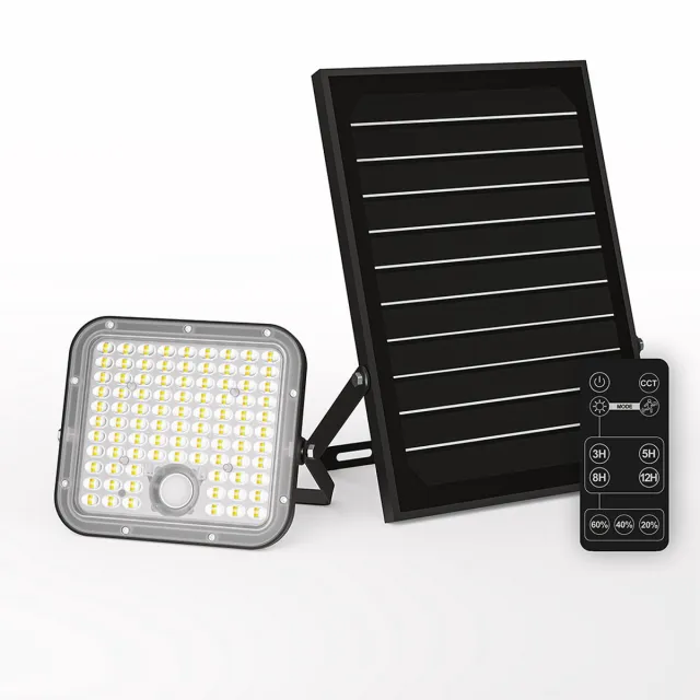 HOFTRONIC Vega LED Solar Wandlamp buiten – Schijnwerper breedstraler – 30 watt – Bewegings- en schemersensor – Los zonnepaneel – IP65 waterdicht – 4800 lumen – Zwart – Draadloos solar licht