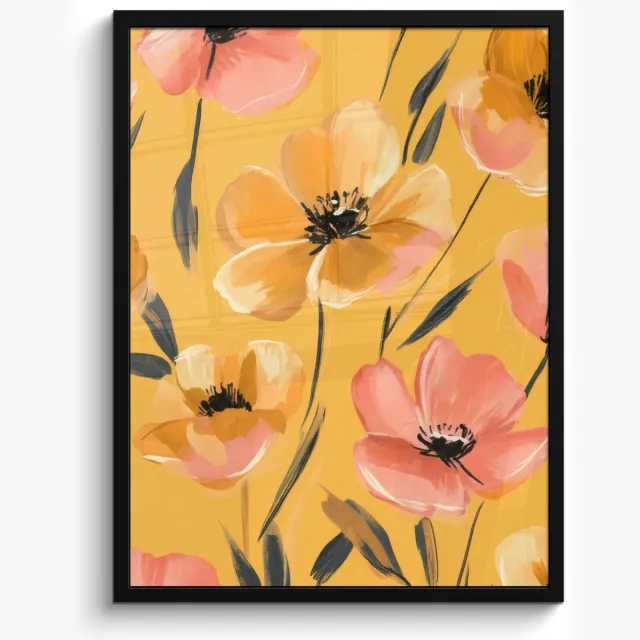 FrameYourWall Poster in lijst - Fotolijst 50x70 cm - Posters - Bloemen - Geschilderd - Geel - Posterlijst zwart - Decoratie - Wanddecoratie woonkamer - Muurdecoratie slaapkamer