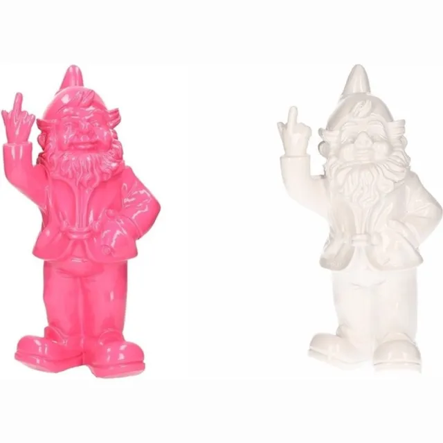 Stoobz Design Tuinkabouters 2x - polystone - 30 cm - middelvinger - roze wit Multi