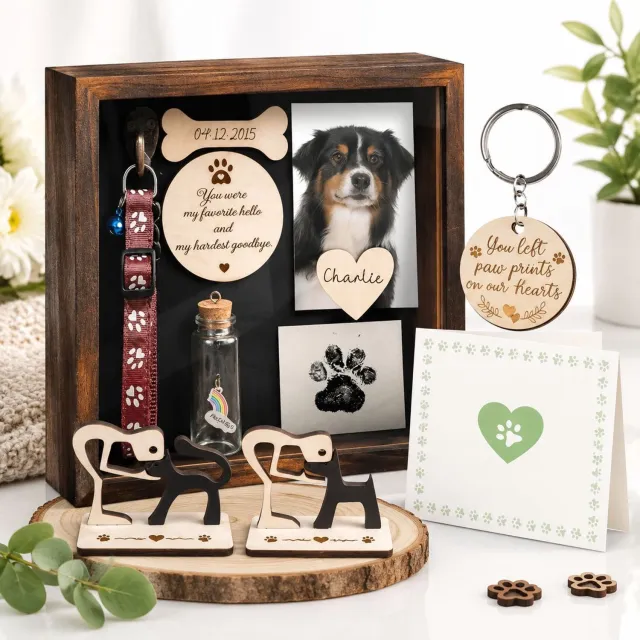 VHV Houder - 21,8 cm Dier Herdenkings Shadow Box - Landelijke Kraag Fotolijst Met Pootafdruk Set, Houten Hond Sculptuur, As & Vacht Potje, Kat Herdenkings Sleutelhanger, Hond... Kleur van hout