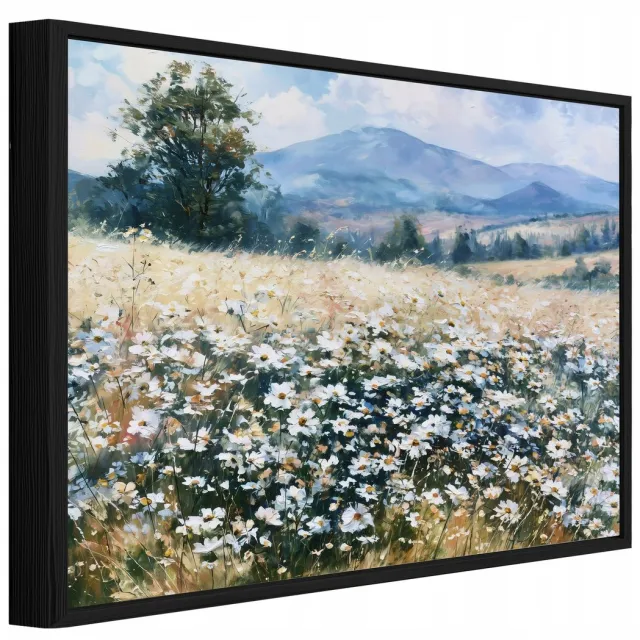 WALLARENA Schilderij op canvas met zwarte lijst - 60x40 cm - weide met wilde bloemen - voor slaapkamer en woonkamer Beige