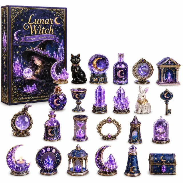 SWGOTA Adventskalender 2026 met heksen- en maanthema, 24 decoratieve miniaturen, paars, zwart en goud, doos 26 x 18 x 3 cm