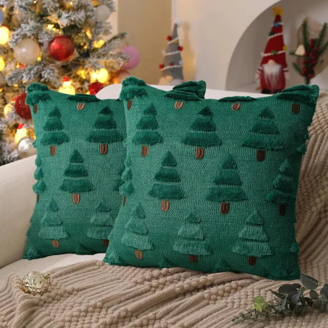Mrilary Kerst sierkussenhoezen 45x45 cm, set van 2, groene kerstboom, feestelijke winterdecoratie, farmhouse woonkamer, zachte pluche imitatiebont wol, voor bank, sofa en bed
