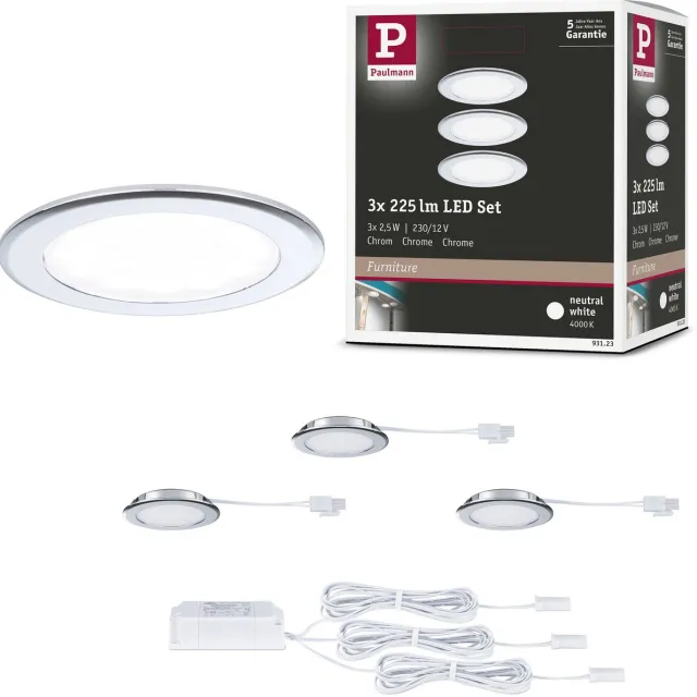 Paulmann LED-meubelinbouwlampen Set van 3 rond 65 mm 3x2,5W 3x180lm 230/12V 4000K Chroom