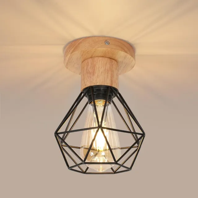 Haobosic Vintage - Plafondlamp - Houten Basis/Zwarte Kap - E27 - 15.5x20cm