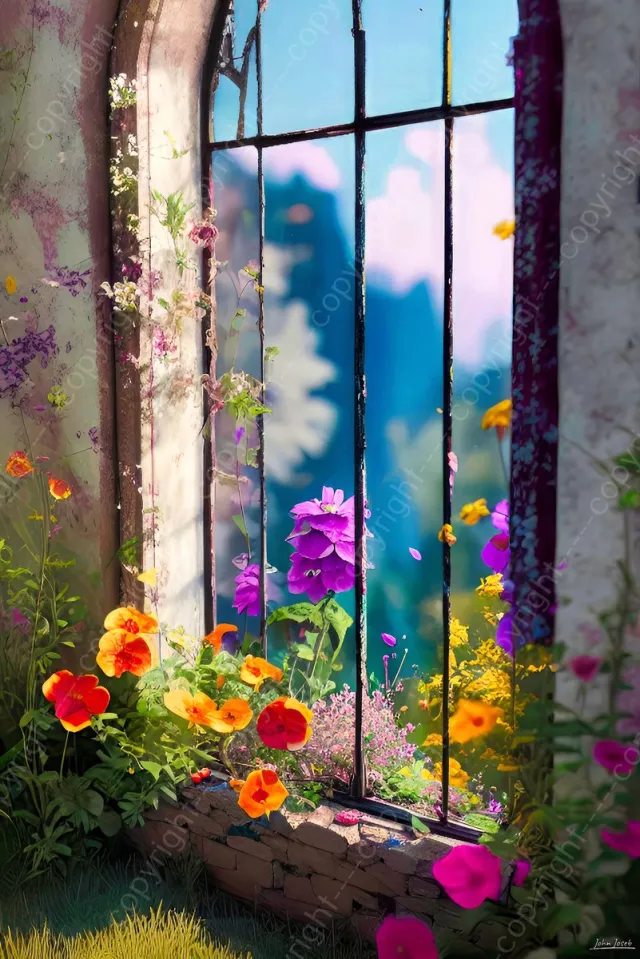 John Joseb Art (Aluminium) 90x60 | Oud raam met wilde bloemen - ruïne, verval - geschilderde stijl - woonkamer slaapkamer | huis, landschap, blauw, groen, oranje, geel, modern | Foto-Schilderij print op Dibond (metaal wanddecoratie) Aluminium, dikte 3 mm