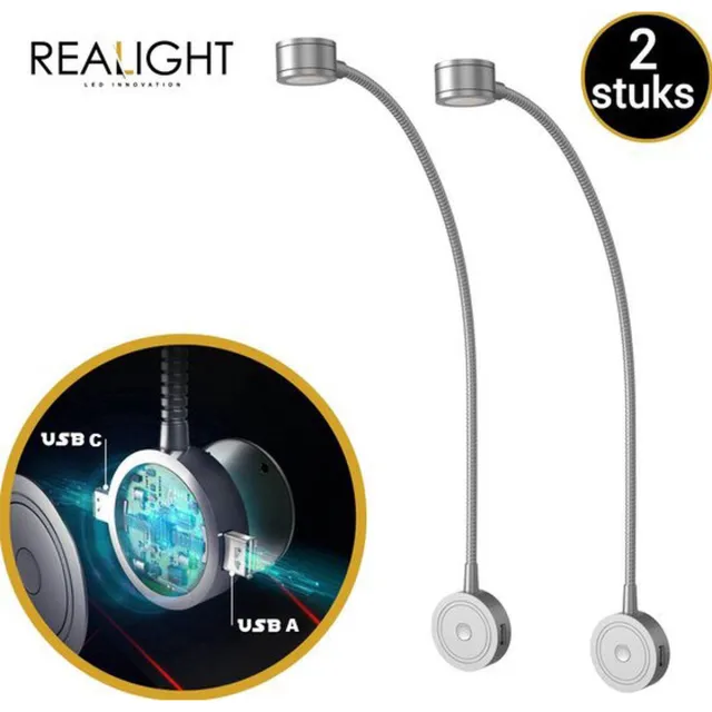 Realight Leeslampje voor in Bed met Dimfunctie - LED bedlampje voor Boek - Hoofdbord nachtlampjes Slaapkamer - 1 USB-poort & 1 USB-C poort - 360° Draaibaar - Zilver - 44 cm - 2 Stuks