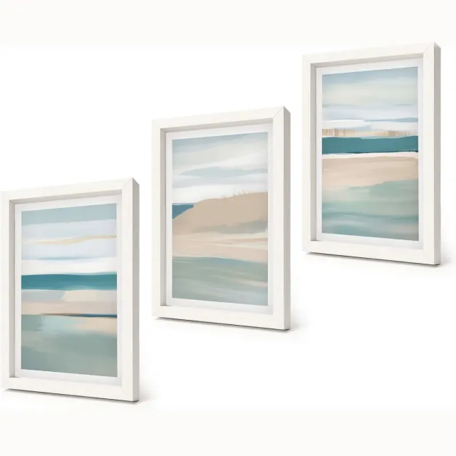 Coloray 3-Delige Schilderij Set - Abstracte landschappen in tinten blauw en beige. - 20x30 - Muurdecoratie - Schilderijen Set - Woonkamer - Decoratieve Schilderijen Witte lijst