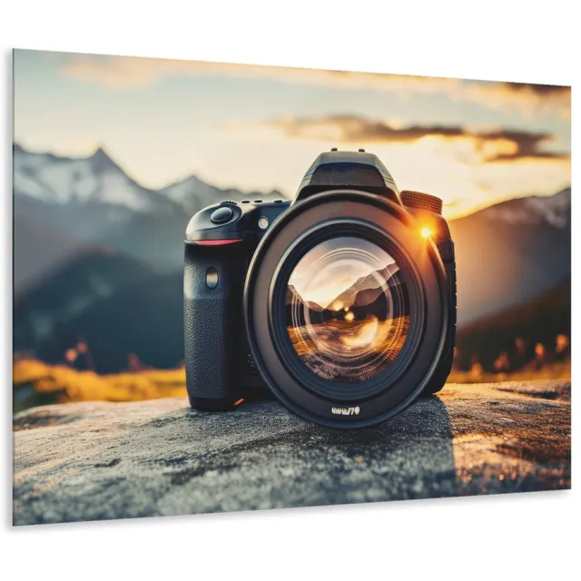 Myfinto Indoorart - Glasschilderij fotocamera zonsondergang 120x80 CM - Afbeelding op plexiglas - Inclusief montagemateriaal grijs