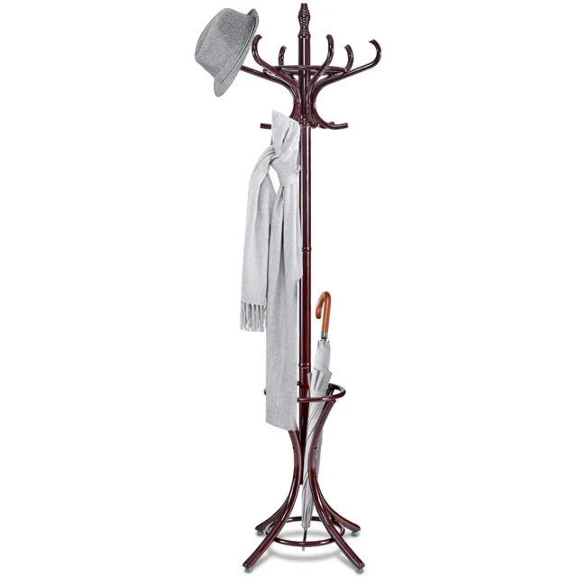 Costway Kapstok, 184 cm met parapluhouder, jasstandaard met 12 kledinghaken, kledingrek van hout, garderobe, staande garderobe voor hal, woonkamer en slaapkamer Bruin