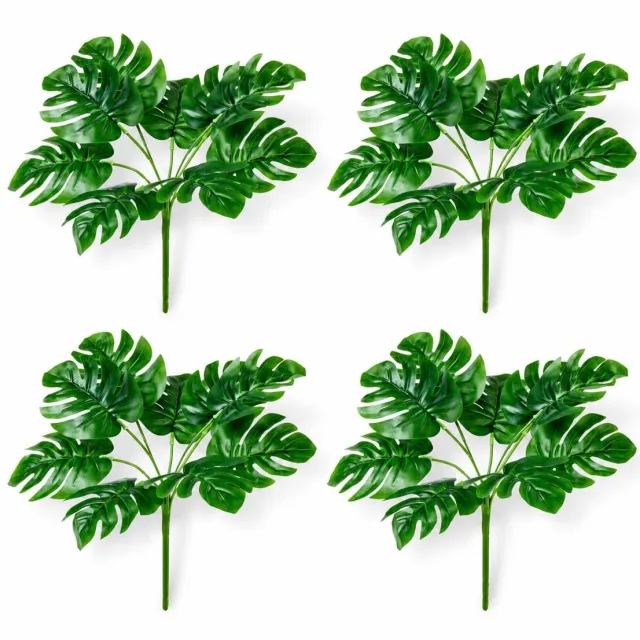 Famanu Set van 4 Monstera kunstplanten zonder pot, 25 cm, realistische uitstraling voor decoratie Zwart