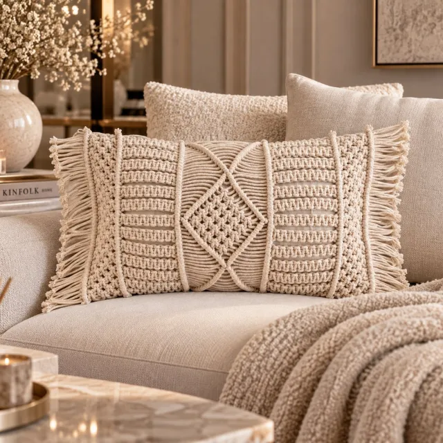 FERBELLA Macralina Sierkussen 30 x 50 cm – Macramé Design – Katoen – Crème