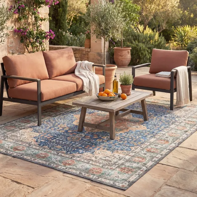 Fraai Binnen- en buitenkleed - Kairo Medaillon Donkerblauw/Terracotta - 80x150cm