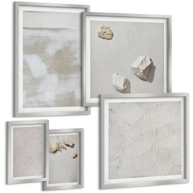 Coloray 5-Delige Schilderij Set - Bloemenpatronen En Minimalistische Lijnen In Neutrale Kleuren. - 20 x 30 cm - Decoratieve Schilderijen - Woonkamer - Interieur - Moderne Wanddecoratie Zilveren lijst