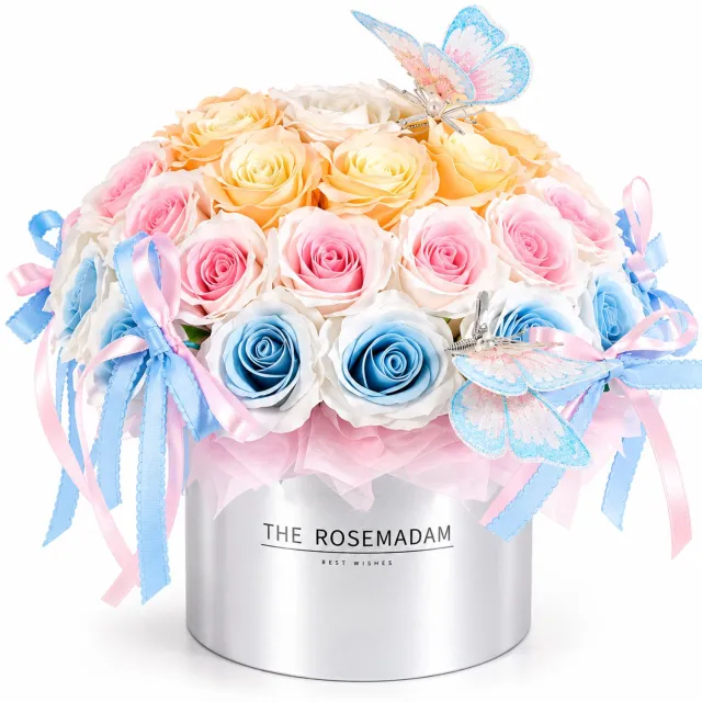 La Roselle Amsterdam 40 Geurende Kunstrozen in Zilverkleurige Hoedendoos – Luxe Pastel Rozenboeket met Vlinderdecoratie – Cadeau voor Verjaardag, Moederdag, Valentijn, Jubileum en Kerst | La Roselle Amsterdam Roze, lichtblauw, wit en champagne
