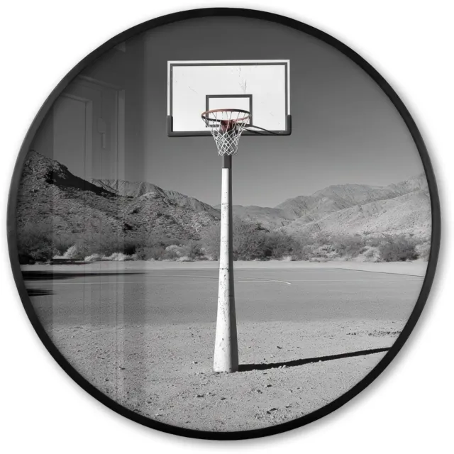 FrameYourWall Poster in lijst Rond - Fotolijst 60x60 cm - Posters - Basketbalpaal - Landschap - Zand - Wit - Ronde posterlijst zwart - Decoratie - Wanddecoratie woonkamer - Muurdecoratie slaapkamer