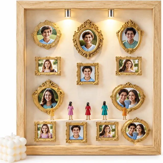 SWGOTA Zwarte vierkante MDF-displaylijst met 2 lampjes - Binnenmaat 17,8 x 17,8 x 3 cm - Voor tafeldecoratie en miniaturen
