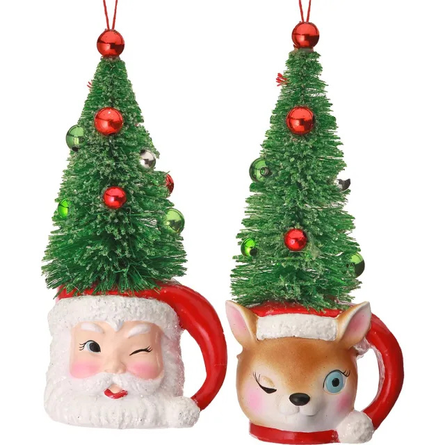 Viv! Christmas Kerstornament - Kerstman en Rendier met Kerstboom Hoed - set van 2 - rood groen wit - 14cm