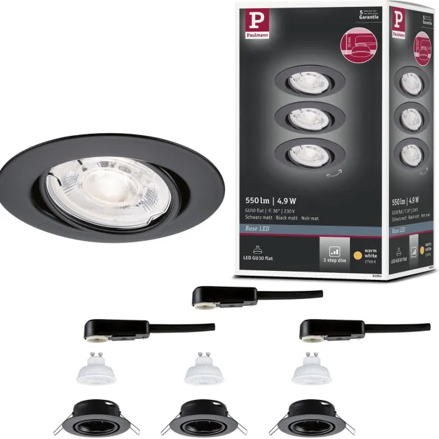 Paulmann LED-inbouwlamp Base GU10 Flat draaibaar 3x4,9W 3x550lm 230V dimbaar 2700K Zwart mat