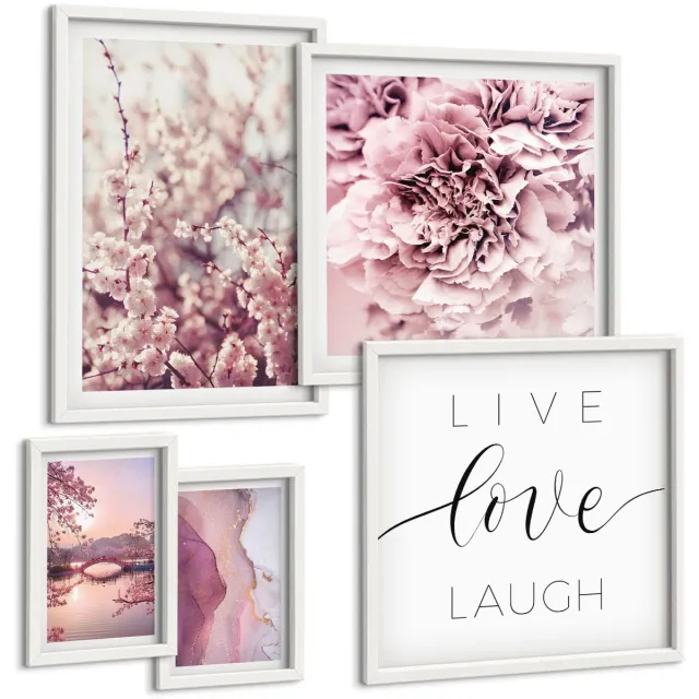 TULUP 4-Delige Schilderij Set - Bloemmotieven met inspirerende slogans in pasteltinten - 50 x 50 cm, 20 x 30 cm en 40 x 60 cm - Muurdecoratie - Decoratieve Schilderijen - Wohnzimmer Witte lijst