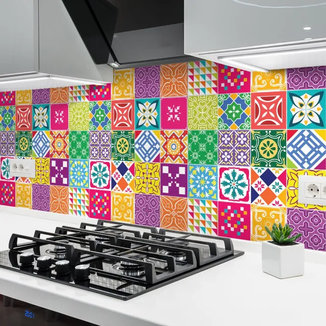 Ambiance Sticker Zelfklevende tegelmuurstickers voor keuken en badkamer - 24 PRINCELIA AZULEJOS tegelstickers - 24 stickers 20x20cm Multi color