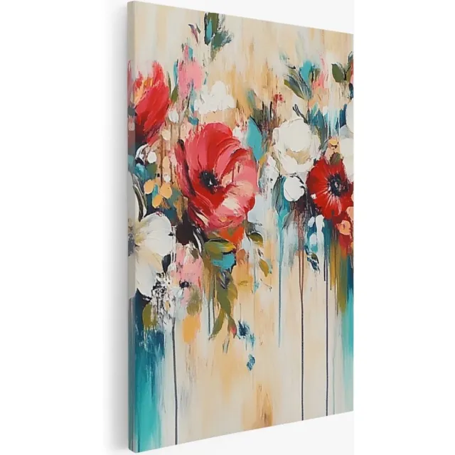 Saammp Canvas Schilderij - Bloemen met lekkend verf- Abstract kunstwerk - 30x40 - Foto op canvas - Wanddecoratie - Muurdecoratie Woonkamer - Slaapkamer decoratie - Canvas Print Multicolor