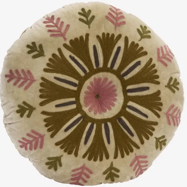 Madam Stoltz Suzani Geborduurd Fluwelen Kussen – Rond – 50 cm Beige