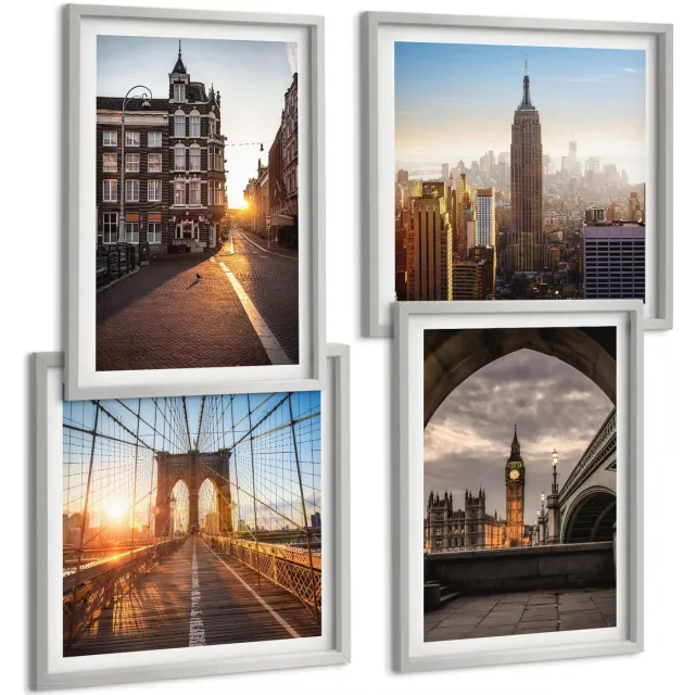 TULUP 4-Delige Schilderij Set - Een serie foto's met stadseten en een uitzicht op Londen. - 40 x 40 cm en 40 x 60 cm - Wanddecoratie - Moderne Interieurdecoratie - Interieur Decoratie Zilveren lijst