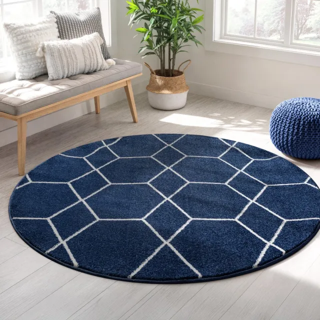 Muratap Trellis Uni Rond Laagpolig Vloerkleed Donkerblauw- 120 CM Ø
