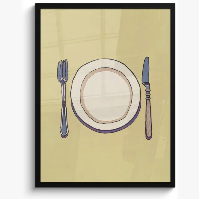 FrameYourWall Poster in lijst - Fotolijst 50x70 cm - Posters - Illustratie - Bord - Bestek - Beige - Posterlijst zwart - Decoratie - Wanddecoratie woonkamer - Muurdecoratie slaapkamer Bord - Bestek - Illustratie
