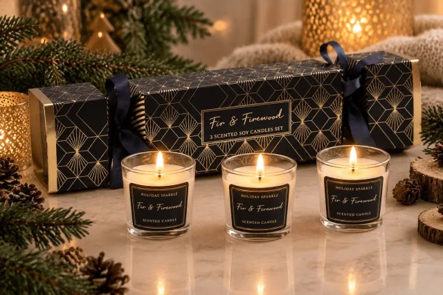DSB Fir & Firewood Cracker Giftset – 3 Luxe Sojakaarsen – Handgegoten & Natuurlijke Geurcadeaus Blauw/goud