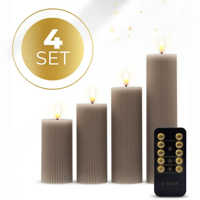 KENN 3D LED Stompkaarsen - Set van 4 - Geribbeld Design - Met Afstandsbediening - Echt Wax - Realistische Vlam - Horeca Kaarsen - LED Kaarsen Op Batterijen - Wax LED Kaarsen - Kerstverlichting - Nep Kaarsen (geribbeld) taupe