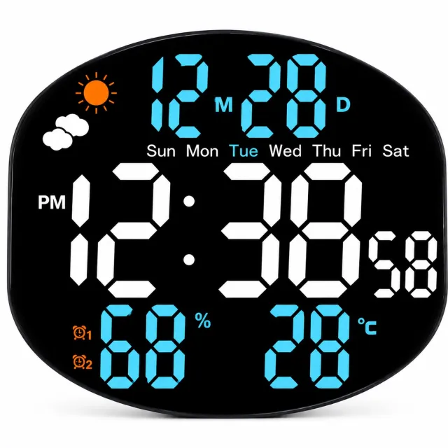 SWGOTA wekker met LED-display - digitale wandklok met seconden, datum, weekdag, temperatuur en luchtvochtigheid - wit en blauw display