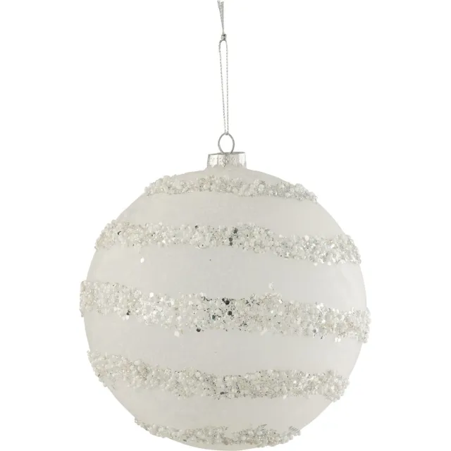 J-Line kerstbal Lijnen Glitter + Parels - glas - wit/zilver - extra large - 6 stuks