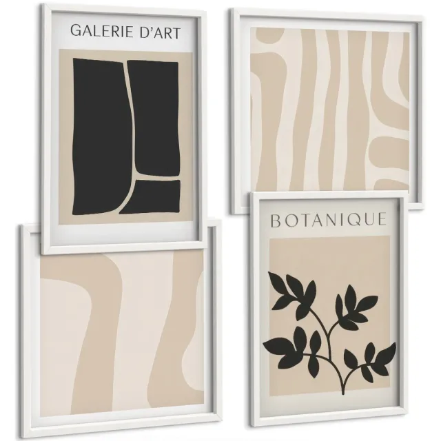 TULUP 4-Delige Schilderij Set - Abstracte vormen en plantmotieven in neutrale tinten. - 40x40 en 40x60 - Muurdecoratie - Wanddecoratie - Hal Witte lijst