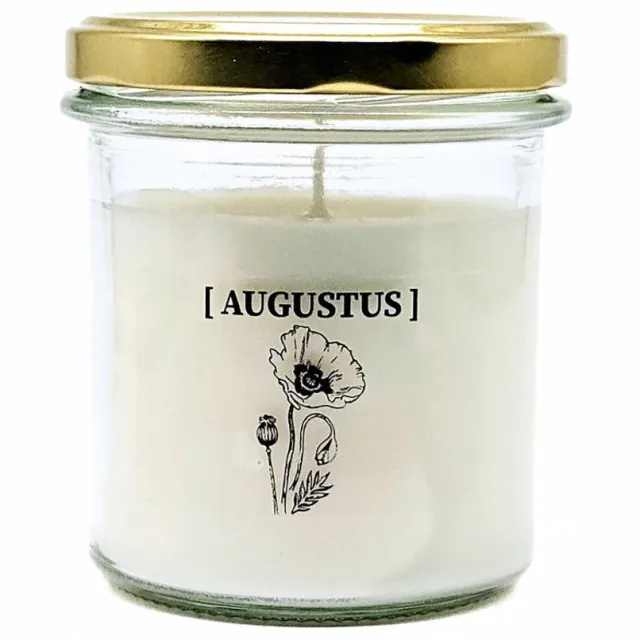 Candlelight-on geurkaars met geboortebloem en geboortedatum - 20 augustus - o.b.v. sojawas en etherische oliën Wit