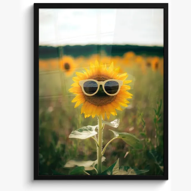 FrameYourWall Poster in lijst - Fotolijst 50x70 cm - Posters - Zonnebloem - Veld - Zonnebril - Posterlijst zwart - Decoratie - Wanddecoratie woonkamer - Muurdecoratie slaapkamer