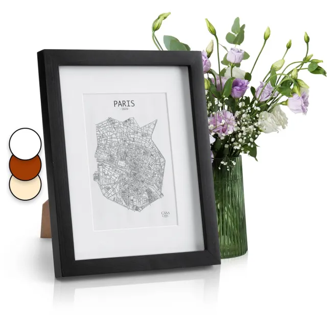 Casa Chic Fotolijst met passe-partout, 20 x 25 cm fotolijst voor oorkonde & collage, Glazen fotolijst, Staand/wandmontage, Verticaal/horizontaal gebruik, Fotolijst van hout Zwart