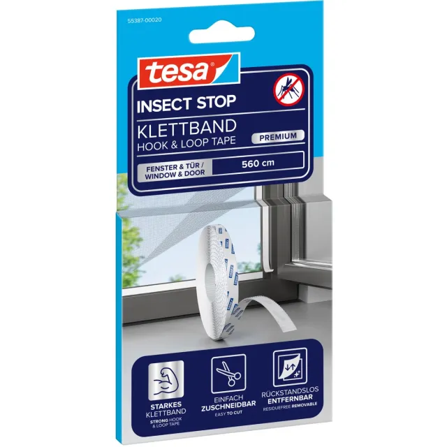 Tesa INSECT STOP H&L Tape Premium - klittenband vervangingsrol voor horren, bevestiging zonder boren - 1 rol 560 cm - wit